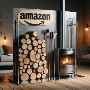 A modern living room scene promoting warmth and comfort, featuring a polished metal firewood rack filled with logs beside a minimalist wood stove and a set of elegant fireplace tools. The cozy setup includes a plush sofa and soft lighting, creating an inviting atmosphere for home warmth, perfect for Amazon affiliate promotions.