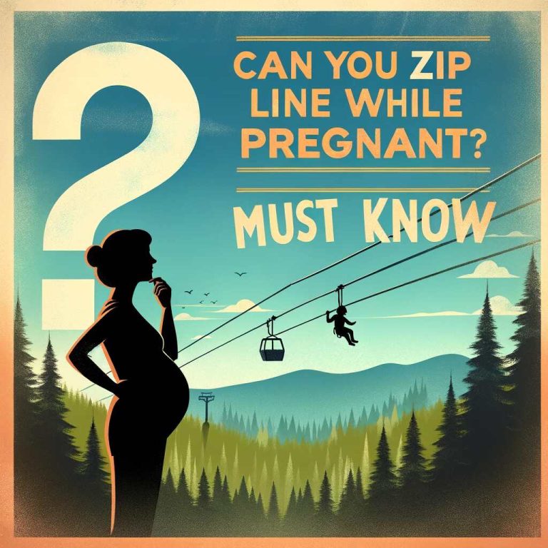 A feature image with the question "Can you zipline while pregnant: Must Know" alongside the silhouette of a pregnant woman and a zip line with riders over a forested mountain landscape.