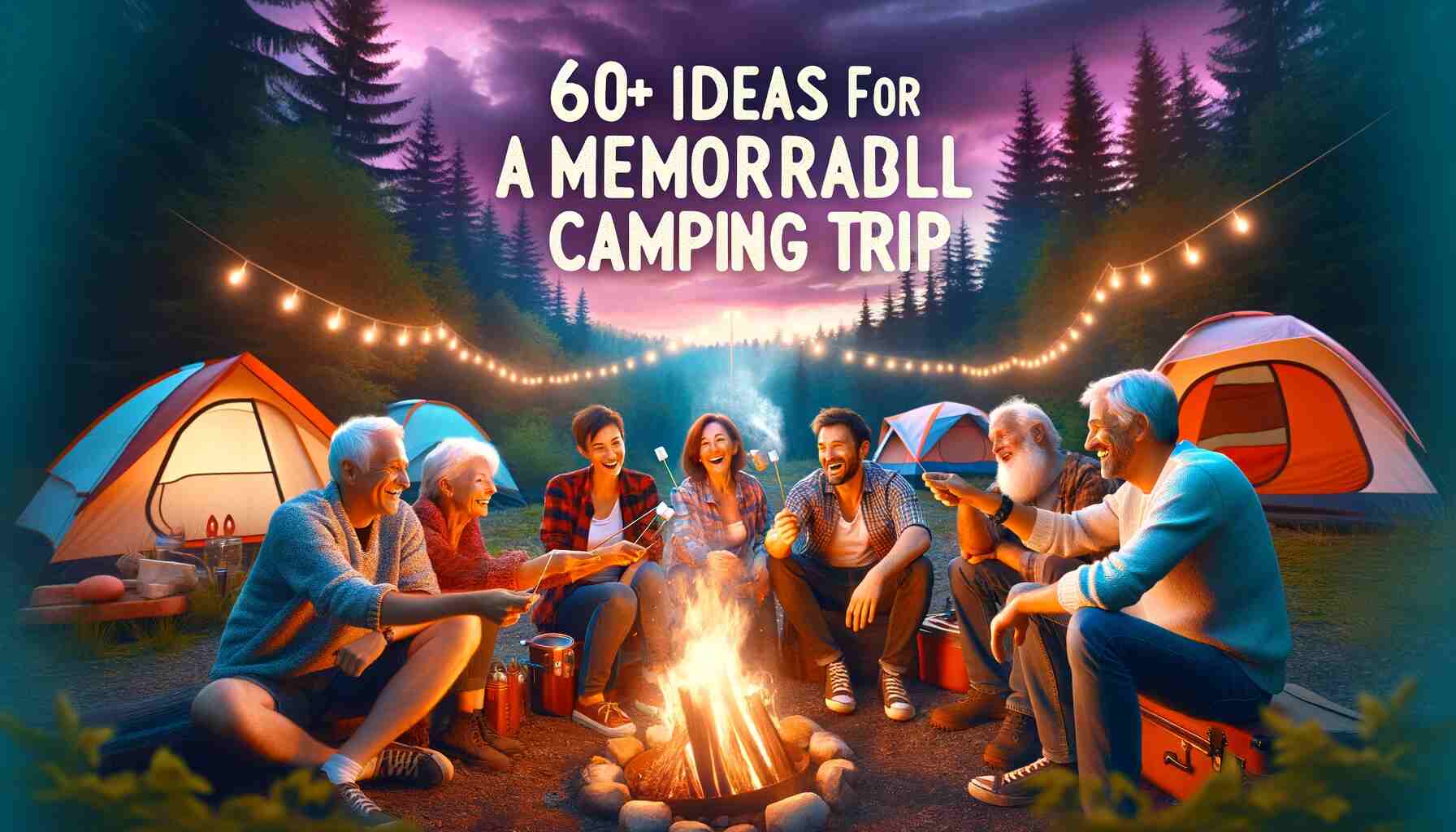Group of adults gathered around a campfire in a lush forest at dusk, laughing and toasting marshmallows. Camping tents are visible in the background. The scene is warmly lit by the fire, with the evening sky above displaying shades of purple and blue. The image features the text '60+ Ideas for a Memorable Adult Camping Trip' in a stylish, outdoor-themed font at the top.