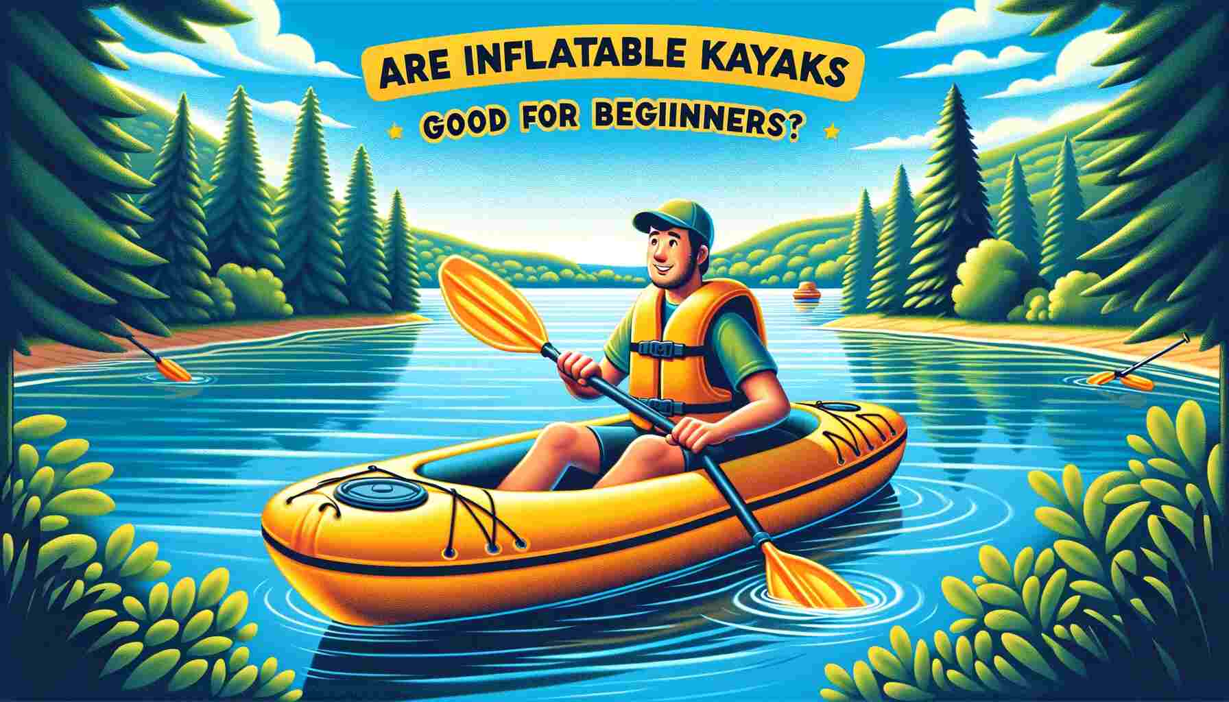 This image features a beginner kayaker in a vibrant yellow inflatable kayak, paddling on a tranquil lake. The kayaker, adorned with a safety vest and helmet, is smiling, highlighting the simplicity and pleasure of kayaking for novices. The backdrop boasts a lush, green landscape with a few trees and a clear, blue sky, underscoring the allure of nature and the delight of engaging in this outdoor activity. The scene conveys a sense of adventure, accessibility, and safety, perfect for those new to kayaking.
