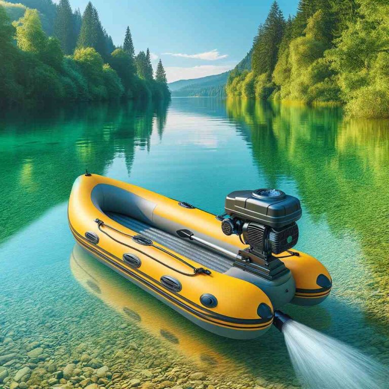 Here's the feature image illustrating the concept of attaching a motor to an inflatable kayak. It depicts a serene lake setting with the kayak and motor in view.