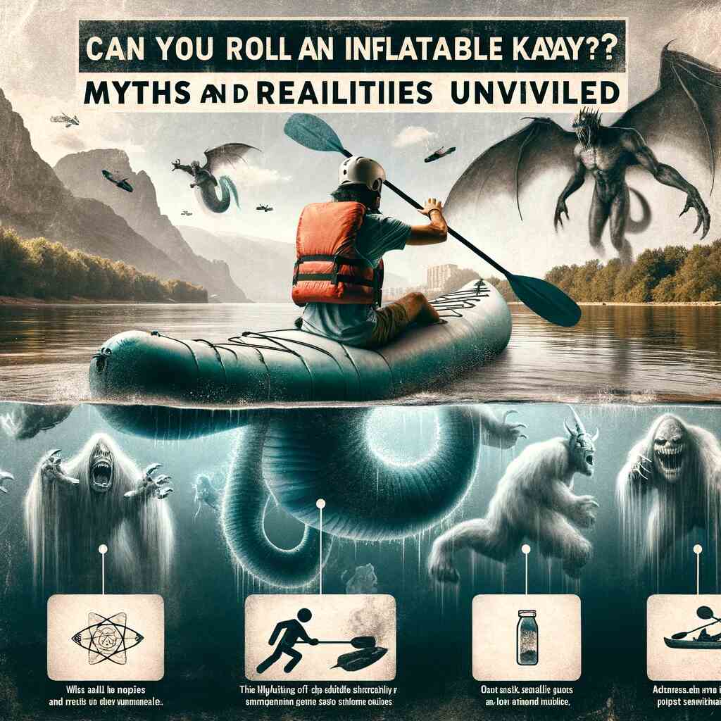 Here is the feature image for "Can You Roll an Inflatable Kayak? Myths and Realities Unveiled." It depicts a person in the process of rolling an inflatable kayak on a tranquil river, surrounded by elements representing both myths and realities.