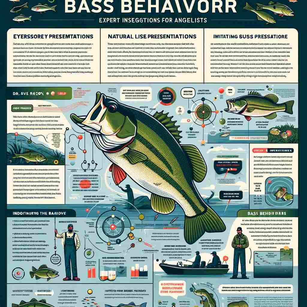 he infographic, titled "Expert Insights on Bass Behavior for Anglers," visually presents key insights into bass fishing. It features sections dedicated to various experts and their contributions: Dr. Dave Ross's section highlights the complexity of fish behavior, emphasizing the significance of understanding bass sensory mechanisms, such as motion, noise, color, and scent, in lure and bait selection. Greg Myerson's approach focuses on the necessity for natural presentations in fishing lures, particularly imitating the sounds made by the prey of bass. The University of Illinois research team's findings are presented, discussing the heritable trait of largemouth bass vulnerability to fishing and the importance of sustainable fishing practices. Insights from anglers.com are depicted, explaining how bass behavior is influenced by weather conditions and seasonal changes, including their adaptive search for warmer or cooler waters and opportunistic feeding habits. The infographic concludes with a statement on the importance of understanding these behaviors for successful bass fishing. The layout is visually appealing, with relevant icons and illustrations representing different aspects of bass behavior and angling strategies, designed to be informative and engaging for anglers.