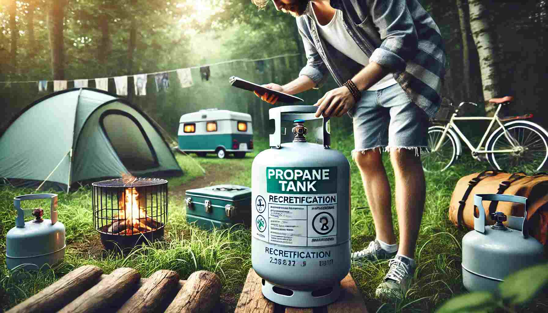 A person inspecting a propane tank outdoors at a camping site with tents and a campfire setup in the background, highlighting safety and responsible propane tank usage.