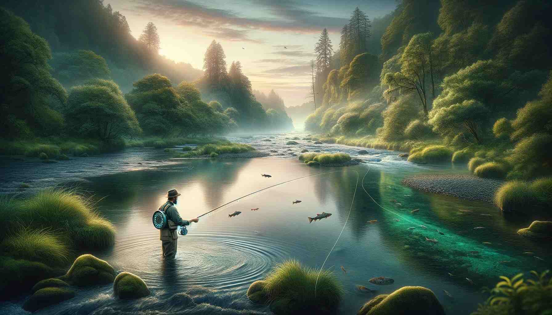 Here is the featured image for "Do You Need Weights For Fly Fishing? Matching Conditions." It depicts a serene river landscape with a fly fisherman, focusing on the technique and the natural setting.