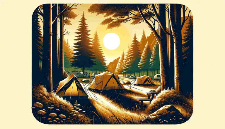 Easy-to-set-up camping tents in a tranquil forest clearing at sunset, with warm golden light illuminating the scene, emphasizing simplicity and the joy of nature.