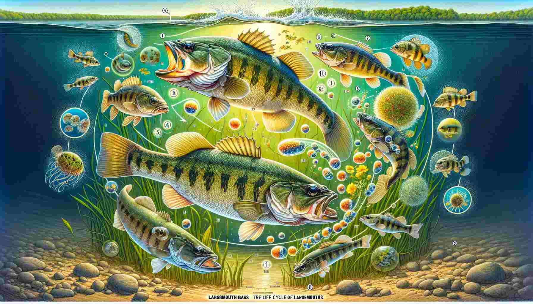 Here's the featured image illustrating the life cycle of a Largemouth Bass during spawning. It depicts various stages including eggs, fry, juveniles, and adults in a freshwater environment, with a serene lake setting as the backdrop.