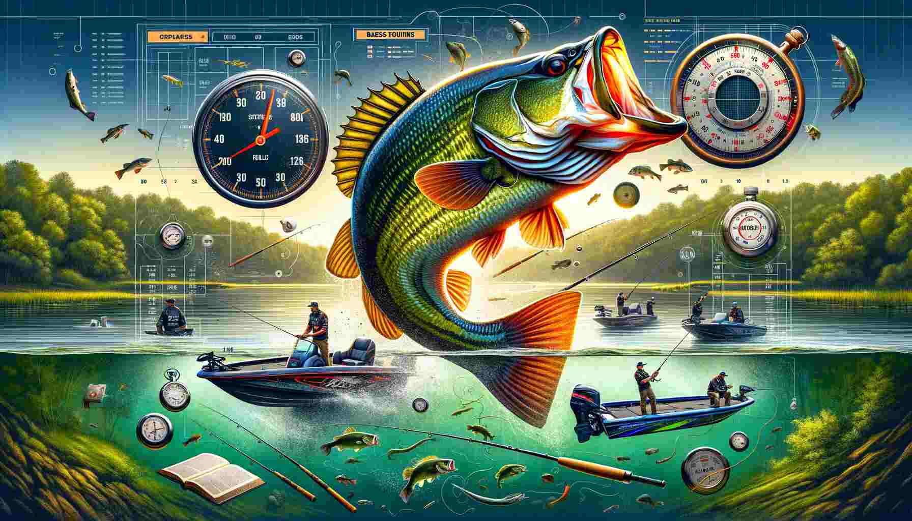 "An energetic bass fish leaping from the water at the center, surrounded by fishing tournament elements like rods, a stopwatch, a rulebook, and a scoreboard with names and scores. The background shows a tranquil lake with fishing boats and anglers, set against lush greenery and a clear blue sky, emphasizing the competitive and outdoor atmosphere of bass fishing tournaments.