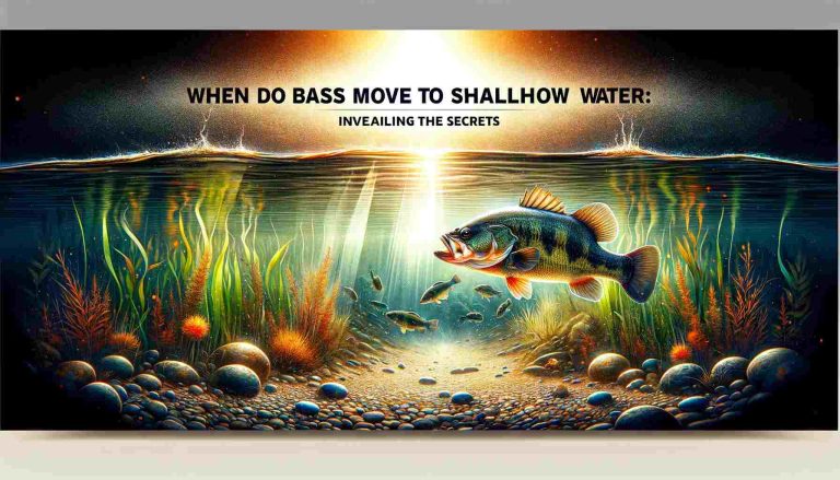 This is the feature image for When Do Bass Move to Shallow Water? Decoding the Mystery. An artistic banner depicting an underwater scene with bass fish swimming towards the shallow water, illuminated by sunlight. The water surface shimmers with light reflections, and the lakebed is covered in pebbles and aquatic plants.