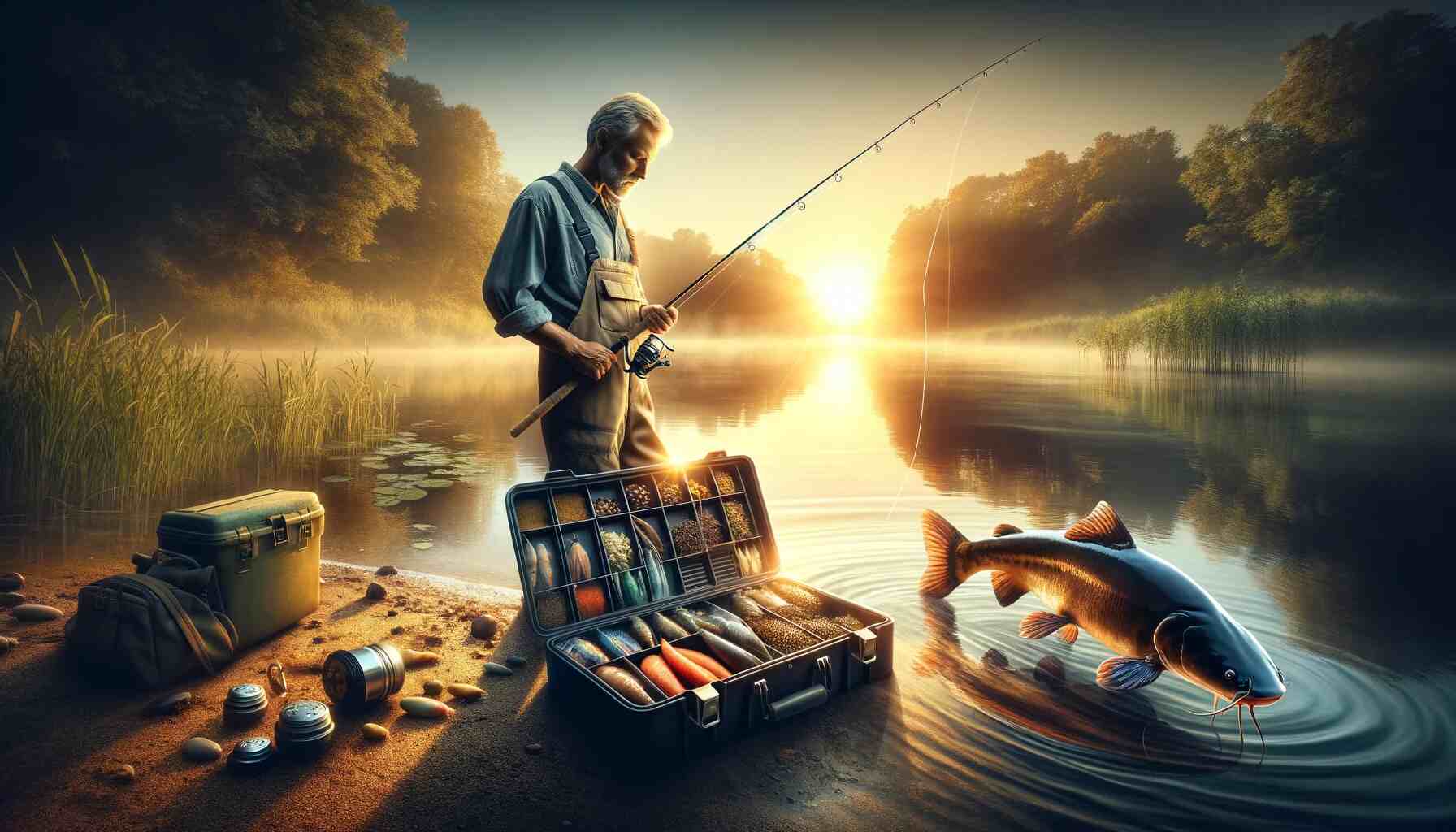 A seasoned angler stands on a quiet river bank at sunrise, selecting fishing bait for catfish from a tackle box, with the silhouette of a large catfish visible just below the water's surface, encapsulating the anticipation and strategy of catfish fishing.