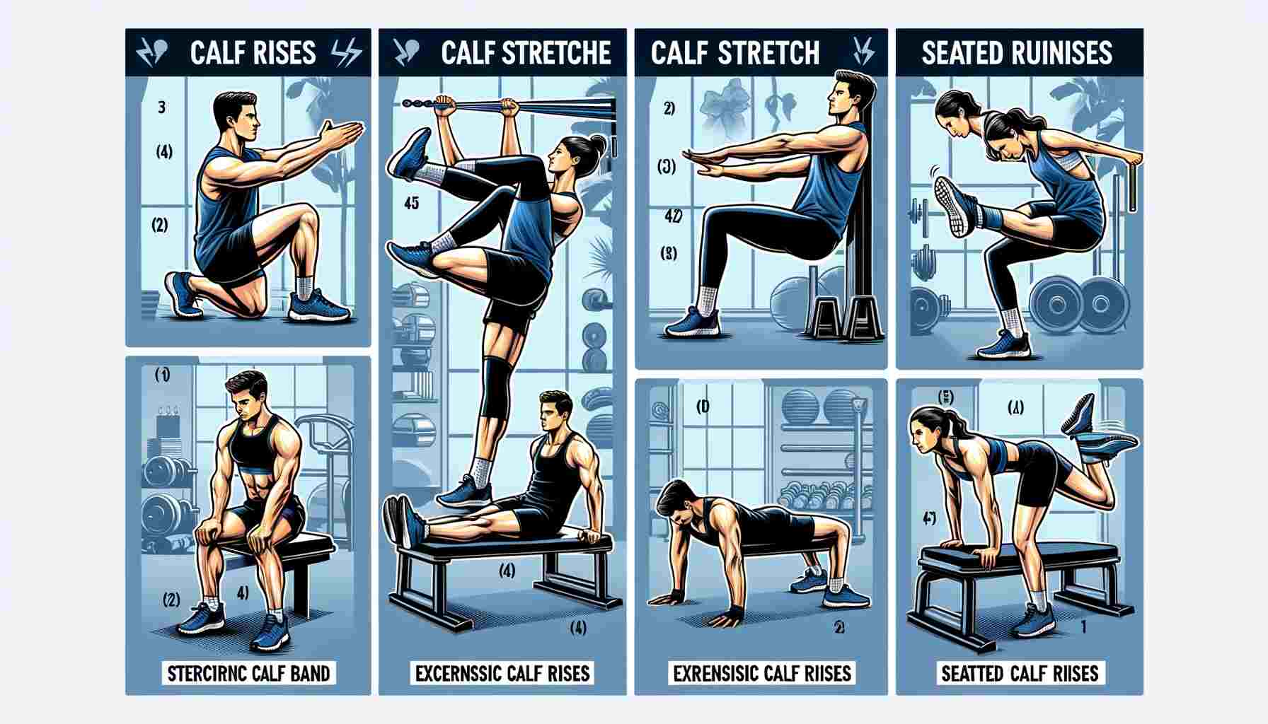A detailed image for a fitness blog, illustrating four calf-strengthening exercises: 1) Calf Raises, showing a person standing and lifting their heels; 2) Calf Stretch with Resistance Band, depicting an individual sitting and stretching their calves using a band; 3) Eccentric Calf Raises, with a person standing on a step and lowering their heel; and 4) Seated Calf Raises, where a person is seated with a weight on their thighs, lifting their heels. Each exercise is clearly labeled and demonstrated in a gym or home workout environment, emphasizing fitness and health.