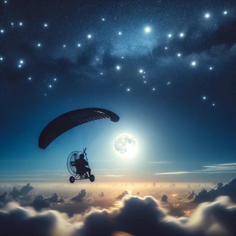 Here's the feature image for the article Can You Fly a Paramotor at Night? Here's What to Know. Silhouette of a paramotor pilot flying against a starry night sky, with the moon casting a soft glow on clouds, symbolizing the adventure of nocturnal flights