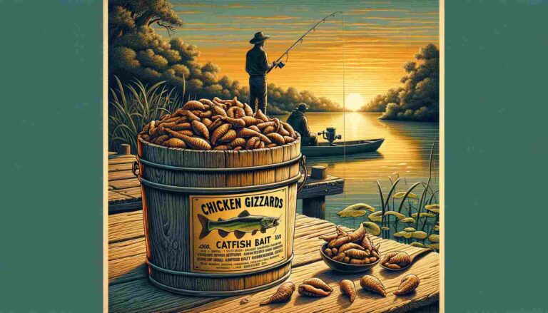 An early morning fishing scene featuring a bucket of chicken gizzards labeled as 'Catfish Bait' in the foreground, with a fisherman casting a line into a calm lake under the warm glow of the rising sun.