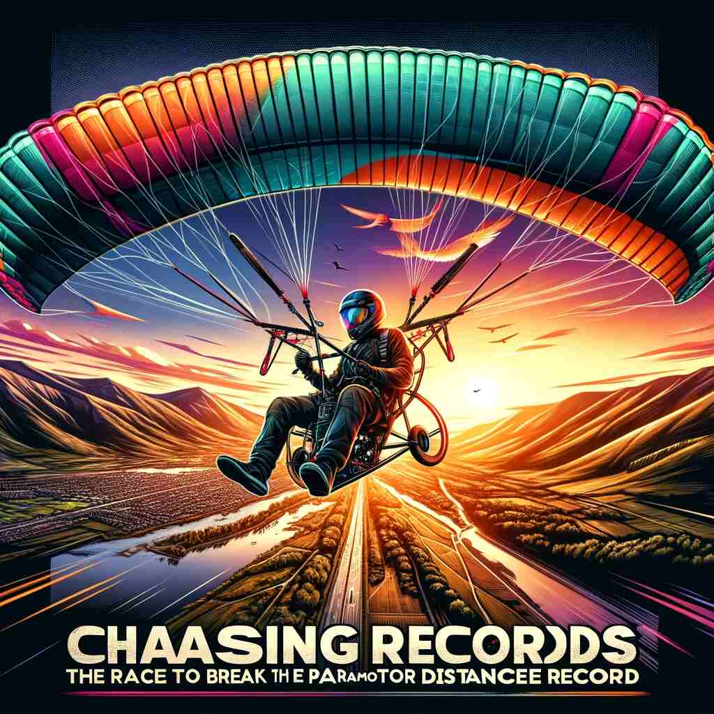 Here's the feature image for Chasing Records: The Race to Break the Paramotor Distance Record. It showcases a dynamic scene with a paramotor in mid-flight over a stunning landscape, capturing the essence of adventure and determination.