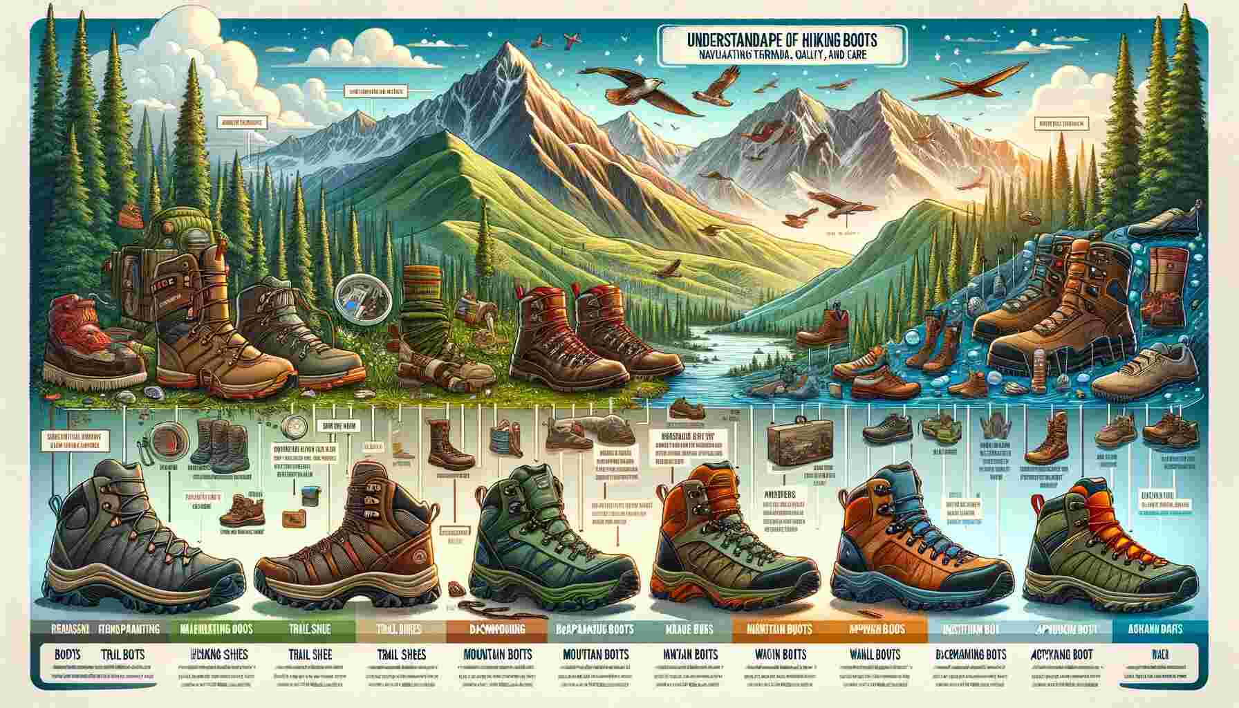 Here is the featured image for Cracking the Code: How Long Do Hiking Boots Really Last. This image visually represents the various aspects of hiking boots and their lifespan, set against a backdrop of diverse outdoor landscapes.