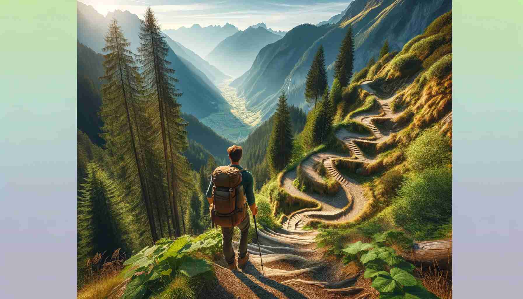 An image depicting an adventurous hiker with a backpack navigating switchbacks on a steep mountain trail. The zigzagging path is surrounded by lush greenery and tall trees, under a clear blue sky with bright sunshine. The hiker pauses to admire a stunning valley view below, considering the path ahead. The title "Exploring Switchbacks in Hiking: What Are They and How to Tackle Them?" is prominently displayed at the top.