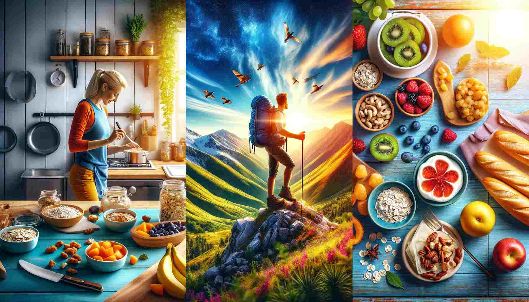 Here's the featured image depicting Fueling Your Hiking Adventures: What to Eat Before, During, and After a Hike. It showcases a montage of scenes related to hiking and nutrition: a hiker preparing a healthy breakfast, energetically trekking a mountain trail while eating a trail mix, and relaxing post-hike with a balanced meal. This vibrant image blends natural landscapes with food imagery, emphasizing the energy and vitality associated with proper nutrition for hiking.