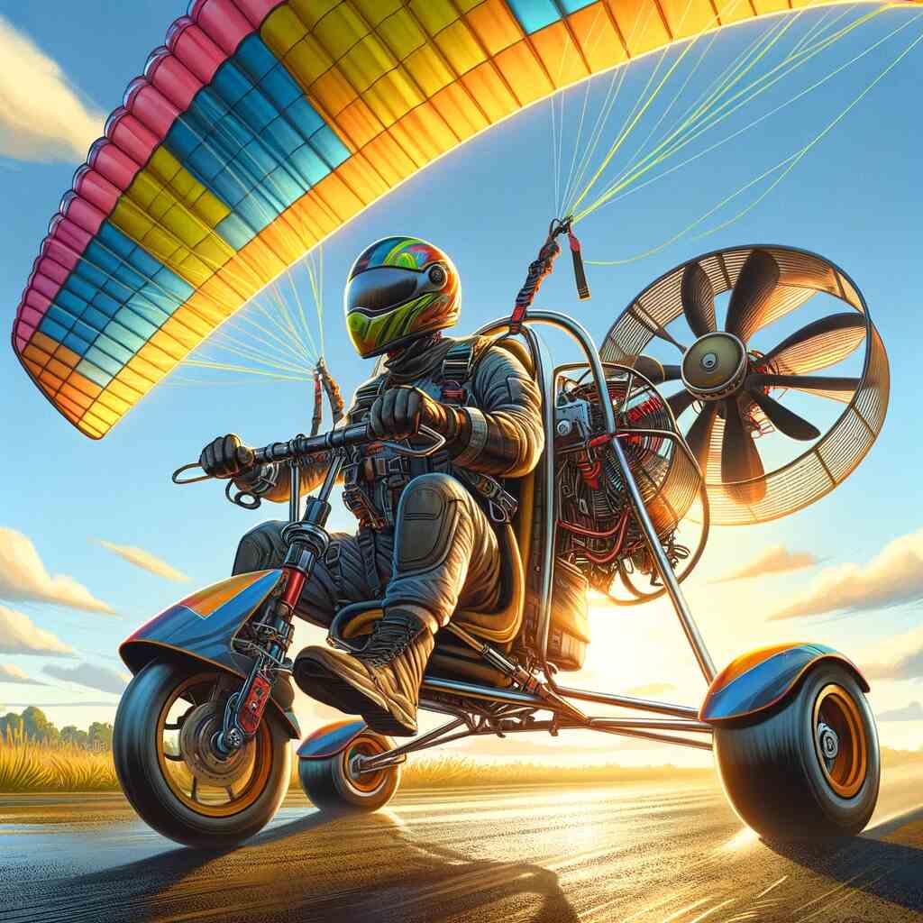 Here's the feature image for the article How Does a Paramotor Take Off? A Step-by-Step Guide. It depicts a pilot preparing for takeoff in a colorful paramotor against a backdrop of a clear sky and open field.