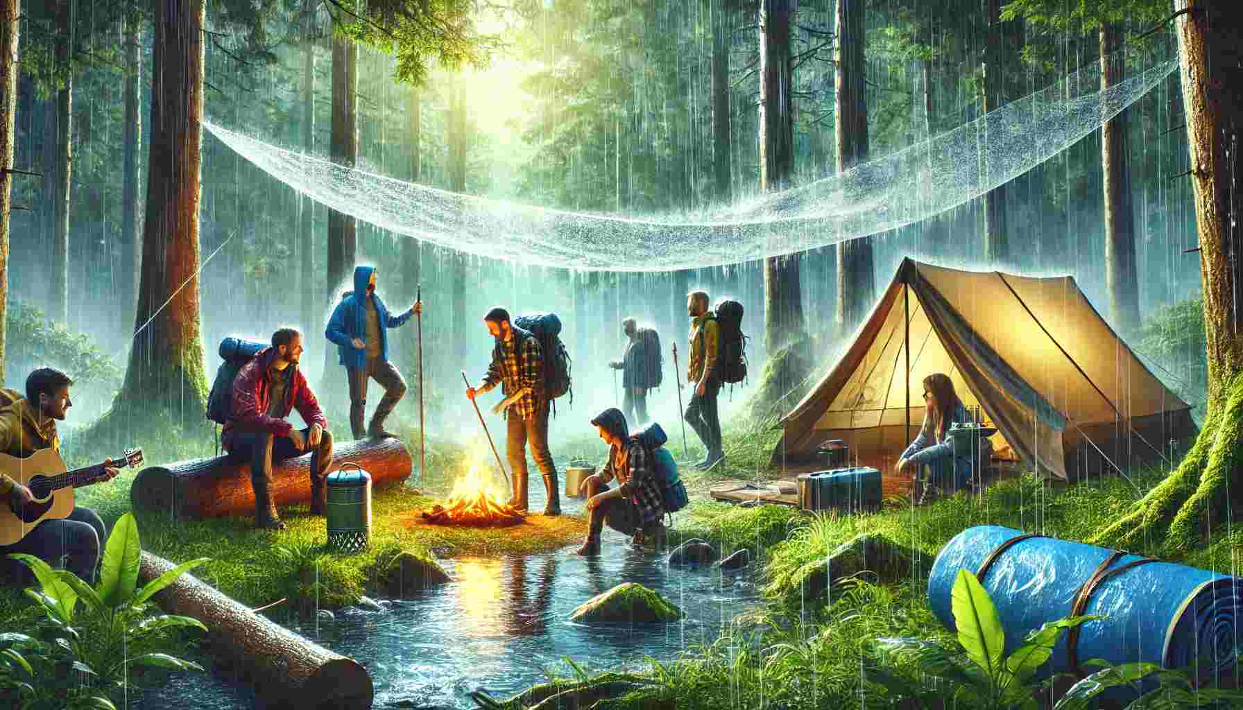 A group of campers in a picturesque forest setting during a light rain. They are setting up a waterproof tent and using tarps for additional protection. The campers are dressed in rain gear and appear happy and prepared, with a serene, misty backdrop. A cozy campfire is under a large tarp, creating a vibrant and inviting scene that captures the essence of a rainy camping adventure.