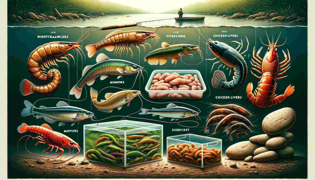 A visual array of natural baits for catfish, featuring nightcrawlers emerging from moist soil, chicken livers on a hook, live and cut shad, swimming minnows in water, and crayfish, all against a serene freshwater habitat backdrop, illustrating the diverse and effective bait options for catfish fishing.