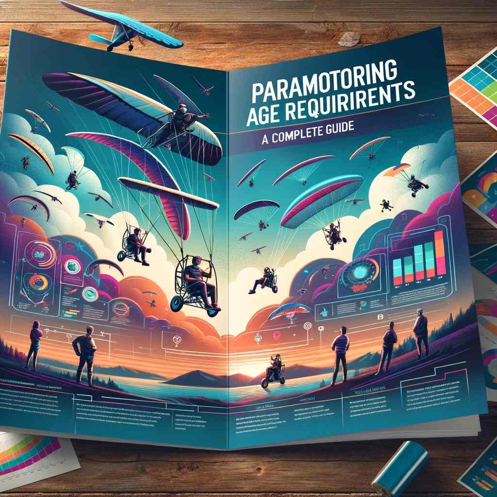 Here's the feature image for Paramotoring Age Requirements: A Complete Guide' featuring diverse paramotorists flying in a sky that transitions from dawn to dusk. The foreground shows an open guidebook with the title and colorful infographics about age regulations in paramotoring.