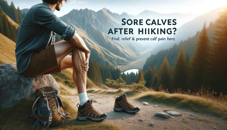 An inspirational image showing a hiker resting on a serene mountain trail, focusing on gently stretching their calf muscles. The hiker is wearing hiking boots and is depicted against a beautiful mountain landscape, symbolizing both the beauty and challenges of hiking. The image has a calming color palette and features the blog title 'Sore Calves After Hiking? Find Relief & Prevent Calf Pain Here' in an elegant, easy-to-read font.