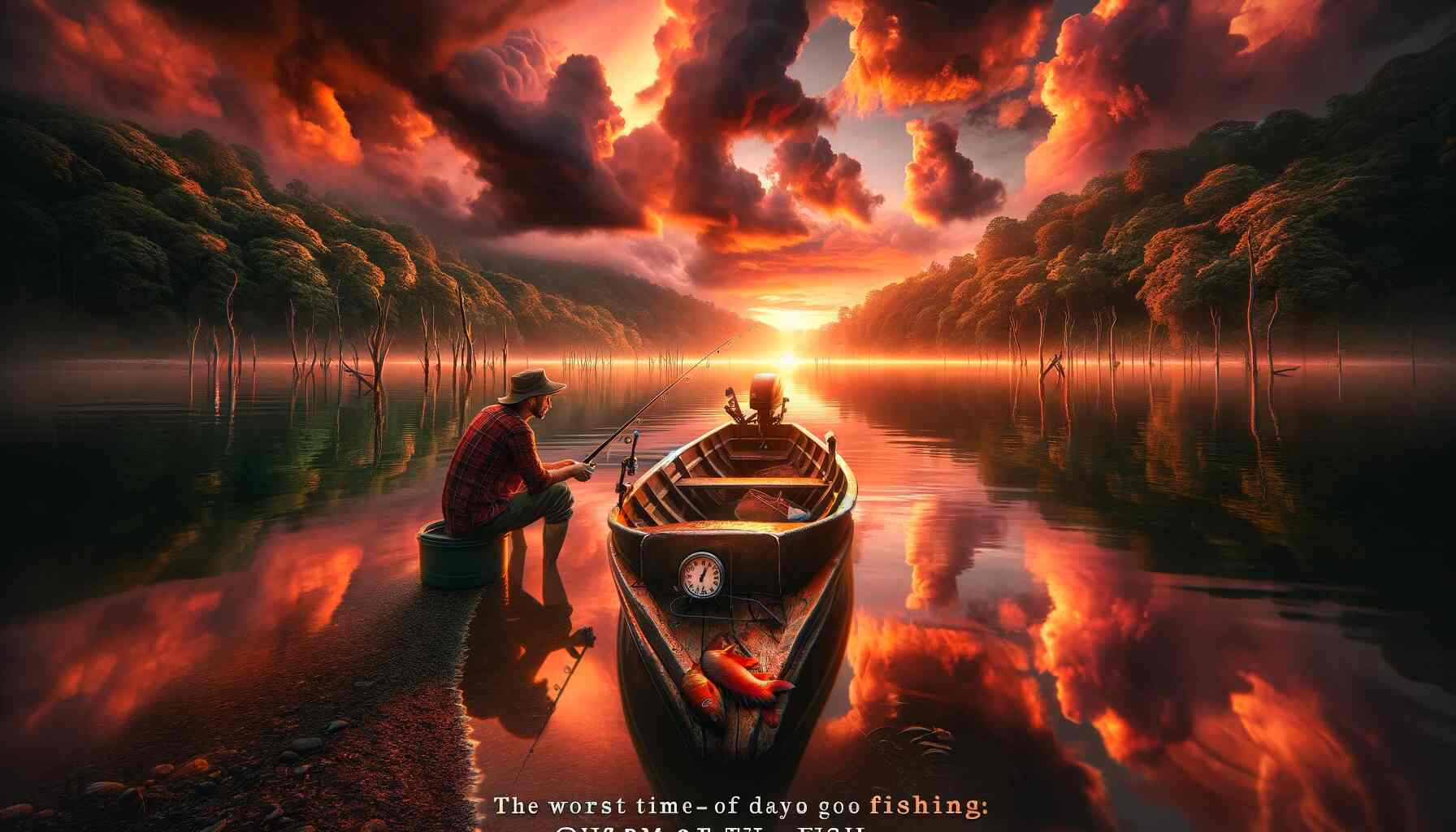 An image showing a serene lake at sunset with a striking orange and pink sky reflecting on the water. A lone, empty fishing boat floats on the calm, glass-like lake, surrounded by lush green trees. In the foreground, a disappointed fisherman sits on the shore, holding an empty fishing line and gazing contemplatively at the boat, symbolizing the challenge of fishing at the wrong time of day. The title 'The Worst Time of Day to Go Fishing: Outsmart the Fish' is displayed in an elegant font at the top of the image.