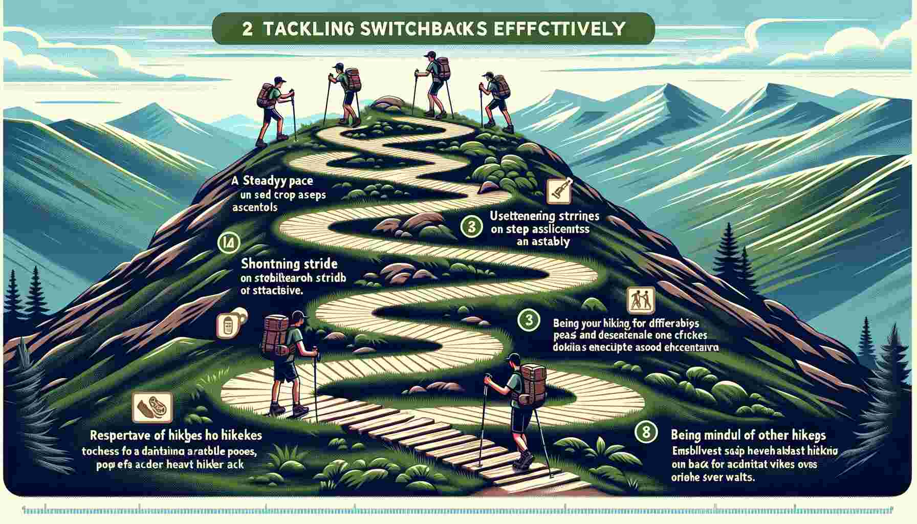 An image depicting a hiker employing various techniques on a switchback trail, including maintaining a steady pace, using appropriate footwear, adjusting stride on steep ascents, maintaining good posture with the help of hiking poles, taking breaks to hydrate and snack, applying different methods for ascending and descending, and showing respect and mindfulness towards fellow hikers on a zig-zag path up a steep slope.