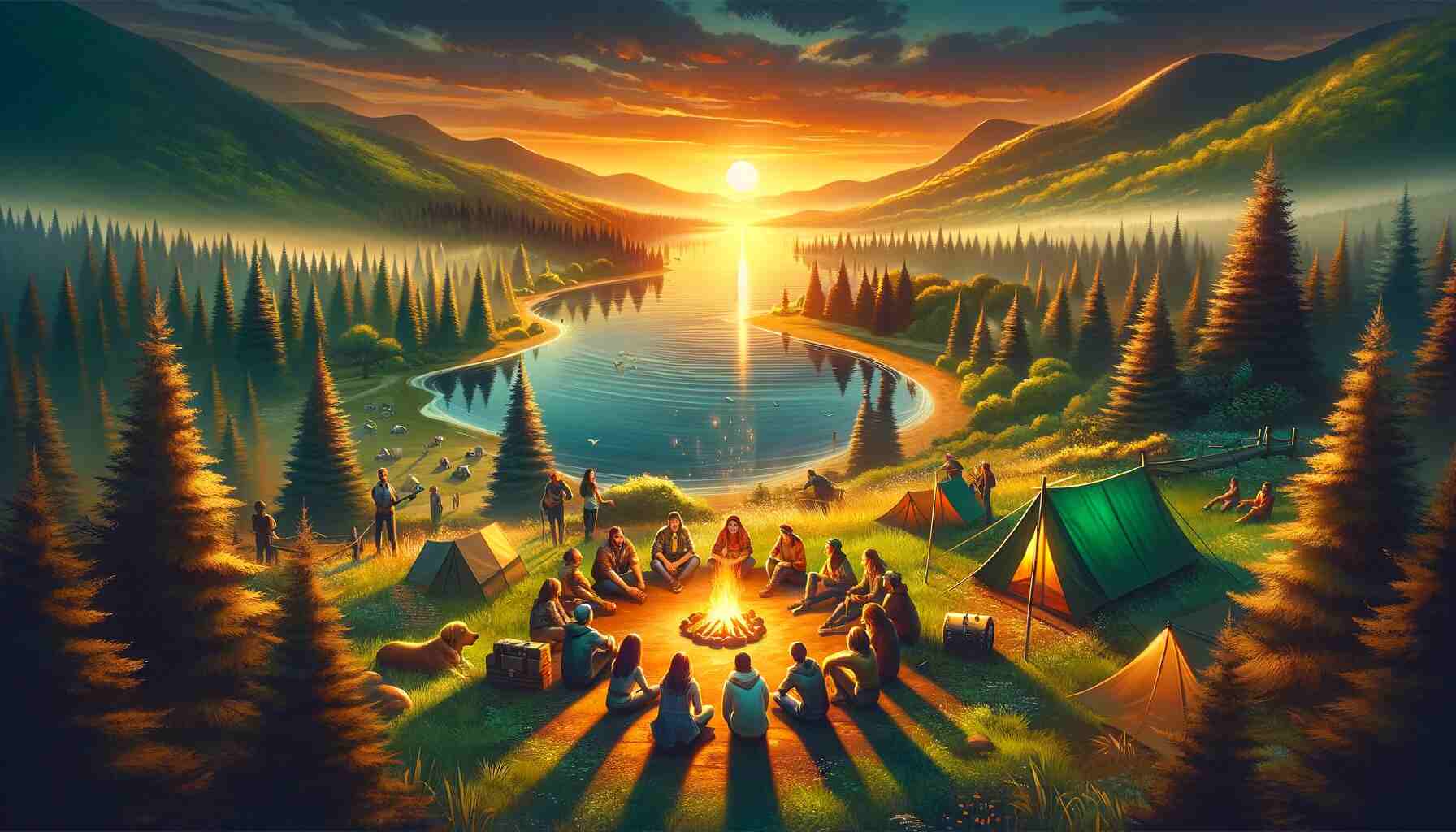This image features a tranquil, natural landscape illuminated by the warm hues of a summer sunset. In the foreground, a diverse group of people are gathered around a campfire, engaged in conversations, laughter, and enjoying each other's company. Nearby, several tents are pitched, indicating a camping setting. The background reveals a picturesque lake with gentle ripples, encircled by lush green forests and undulating hills. Notably, the absence of any modern technology in the scene emphasizes the theme of disconnecting from digital devices to reconnect with nature and each other.