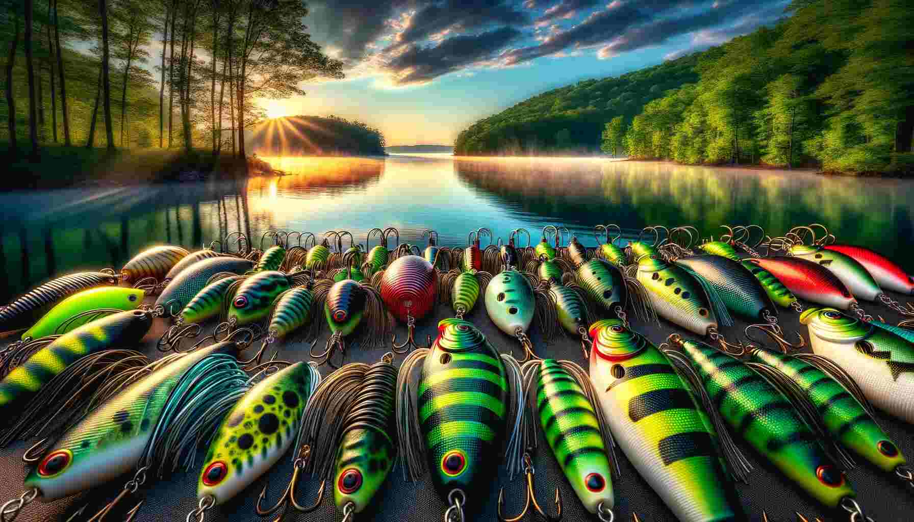 The image features a variety of buzzbaits in different sizes, prominently displayed in the foreground against a serene lake backdrop. Early morning light illuminates the scene, highlighting the water's shimmer and surrounding lush greenery. These buzzbaits are intricately detailed, showcasing their unique features designed specifically for bass fishing. The wide composition captures the expansive fishing environment, conveying the excitement of bass fishing with buzzbaits.