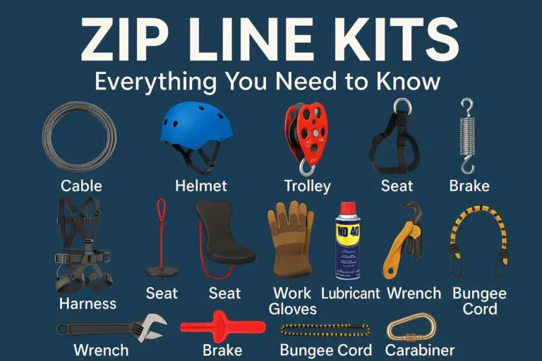 Digital graphic titled "ZIP LINE KITS – Everything You Need to Know" on a dark blue background, featuring labeled images of essential zip line components including a steel cable, helmet, trolley, seat, brake spring, harness, adjustable wrench, red brake block, work gloves, lubricant spray, carabiner, and bungee cords, all arranged in a clean flat-lay style.