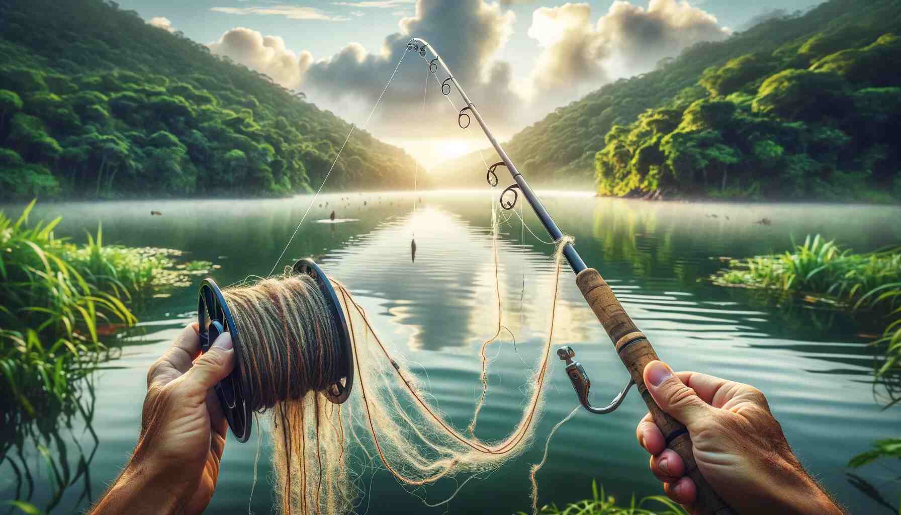 Here is the featured image for Does Fishing Line Go Bad? It depicts a serene fishing scene with a focus on an aged and frayed fishing line, set against a backdrop of a calm lake and lush greenery in the early morning.