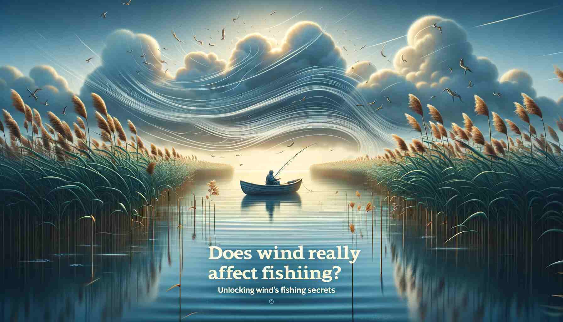 This is the featured image for "Does Wind Really Affect Fishing? Unlocking Wind's Fishing Secrets." The image depicts a serene lake with a fisherman in a boat, surrounded by reeds, under a sky filled with clouds, highlighting the impact of wind on the fishing environment.