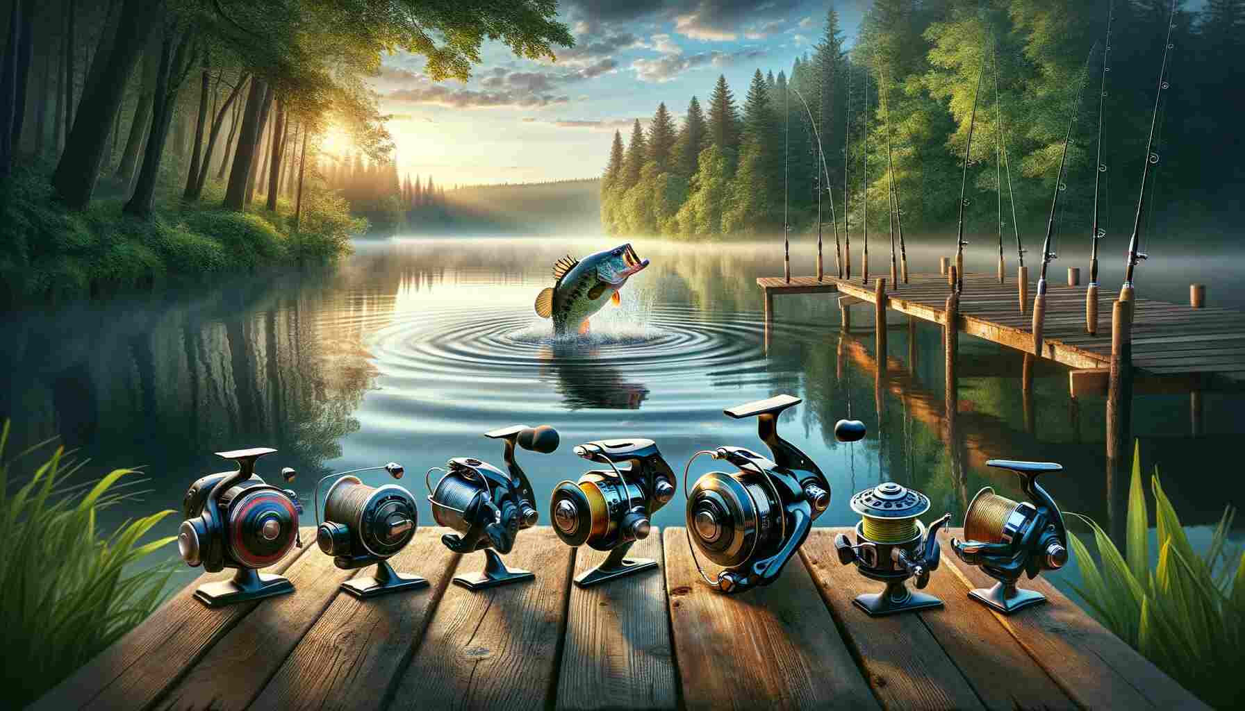 Here is the featured image for "What Size Reel For Bass Fishing Is Best Find the Perfect Size." depicting a serene fishing scene, showcasing various sizes of fishing reels on a wooden dock, with a bass fish jumping out of the water in a calm lake.