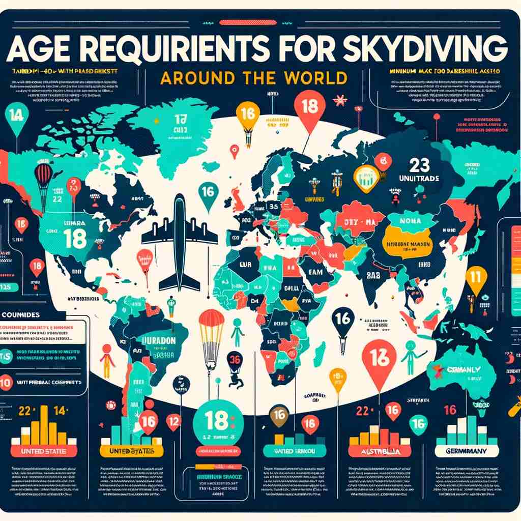Here is the infographic titled Age Requirements for Skydiving Around the World. It provides a visual overview of the minimum age requirements for both tandem and solo skydiving in various countries, making it a quick and informative reference for this article.