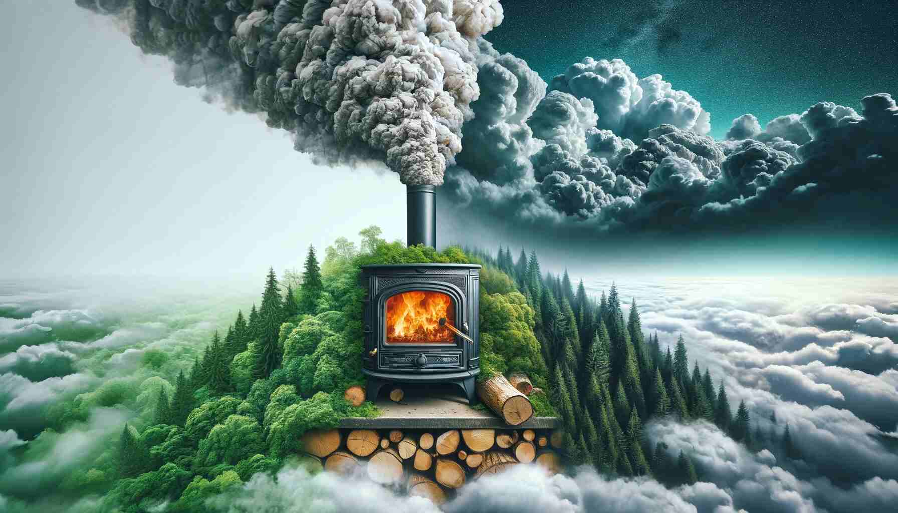 The image features a wood burning stove in the foreground with smoke rising from its chimney. This smoke merges into a background that transitions from a lush, green forest on one side to a polluted, smog-filled sky on the other, symbolizing the environmental impact of wood burning stoves by contrasting their traditional appeal with their potential harm to air quality and forests.