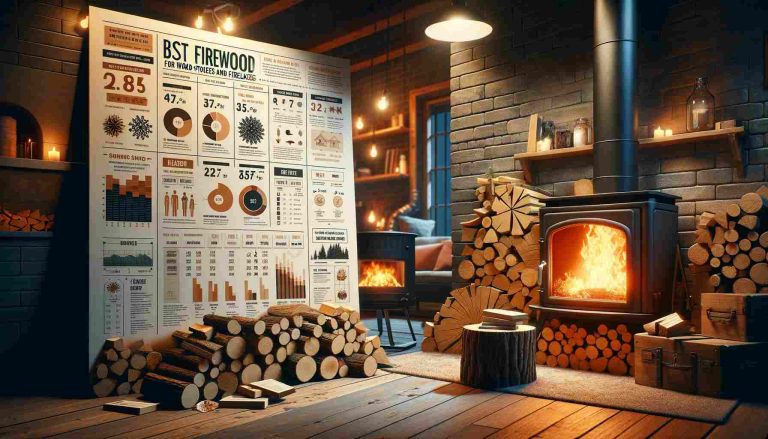 Here is the featured image for the article “Best Firewood to Burn for Wood Stoves and Fireplaces With Charts”. It visually represents a cozy fireplace, a wood stove, various types of firewood, and includes charts detailing the properties of different firewood types.