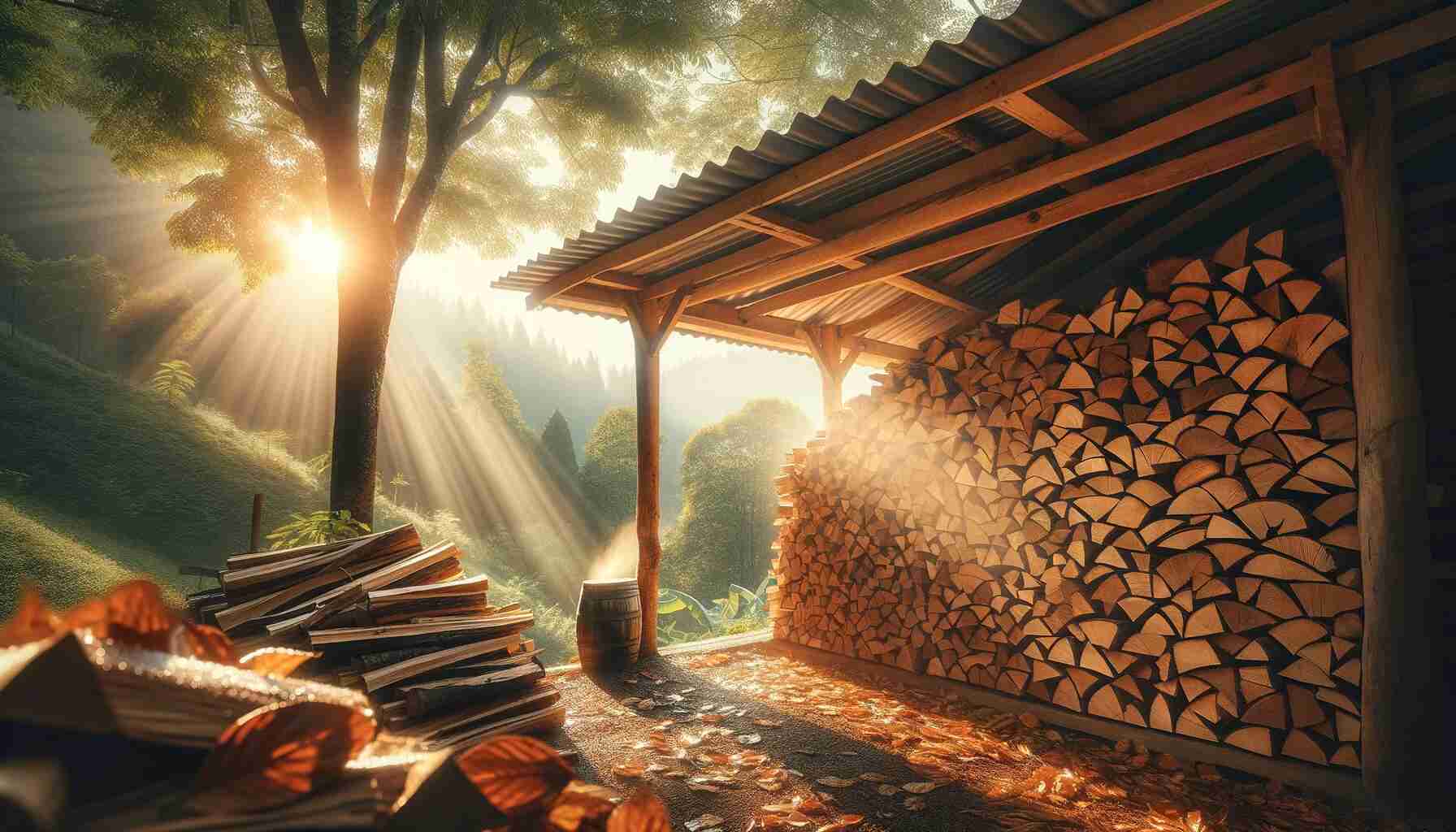 An outdoor scene featuring a neatly stacked pile of firewood under a wooden shelter, with sun rays filtering through the trees of a serene forest background, symbolizing the drying and seasoning process of firewood in autumn.