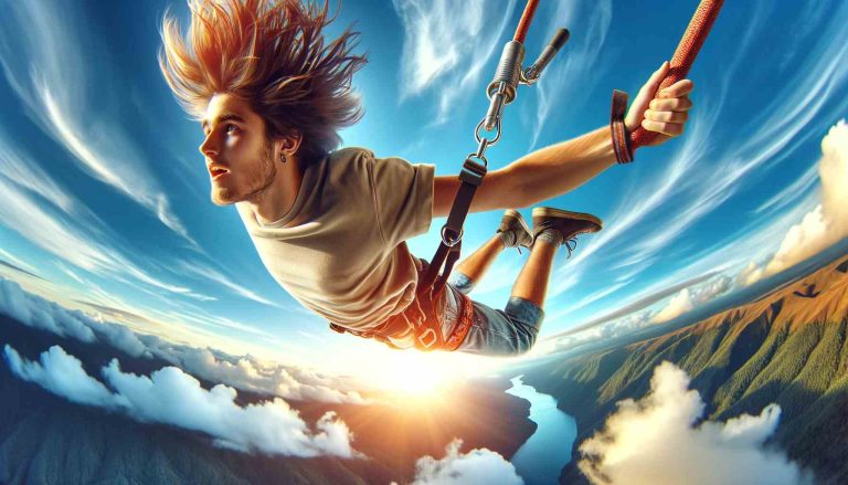 A young adult bungee jumping amidst a stunning aerial landscape, with hair and casual clothes billowing in the high-altitude wind. The thrill of the adventure is captured on the person's exhilarated face, soaring above a majestic river snaking through a lush valley. The sky is a tapestry of blue with wisps of clouds, and the sun setting on the horizon adds a warm glow to the scene, embodying the freedom and spirit of youth associated with the sport.