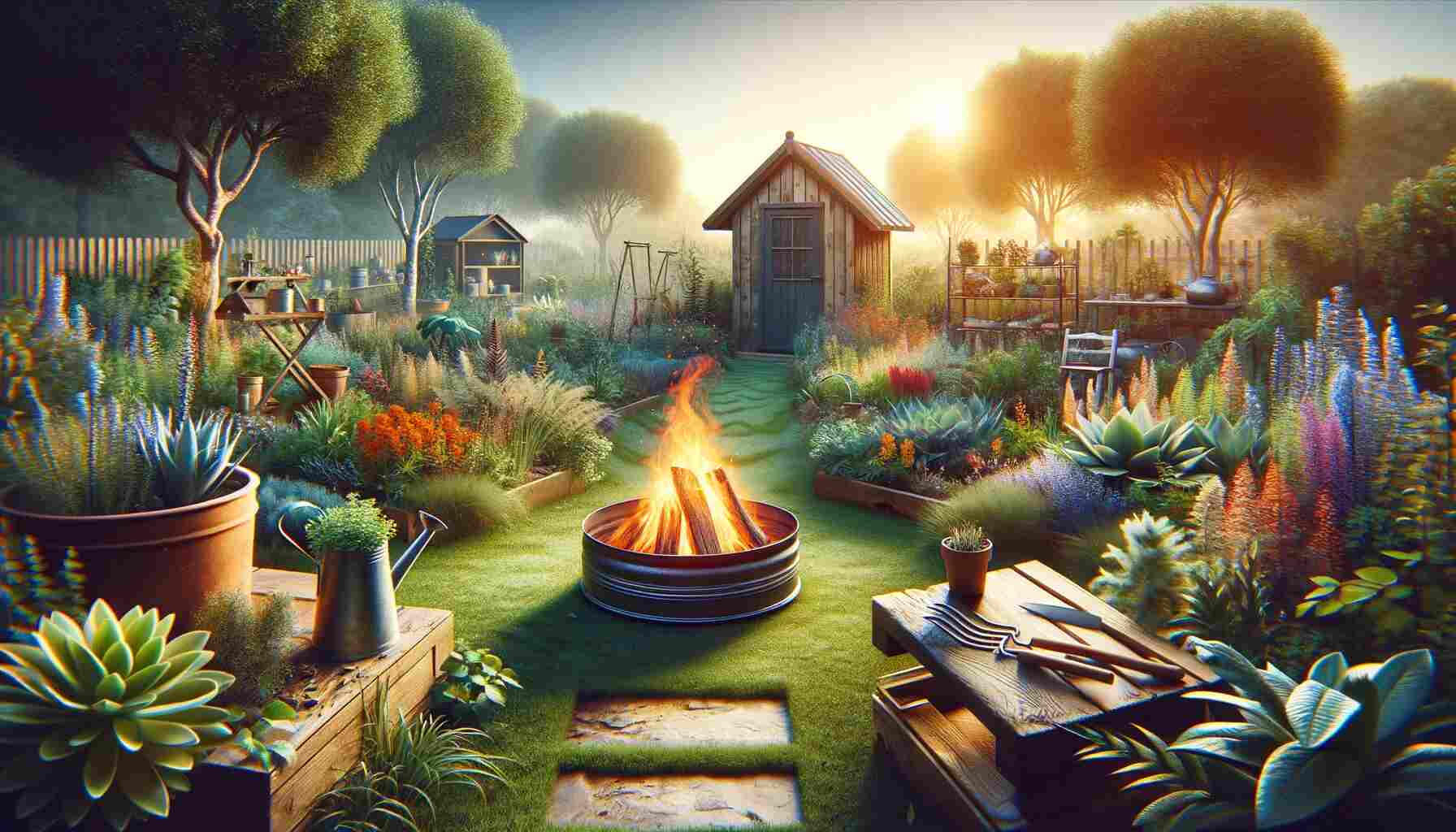 The featured image for the article "Can You Burn Wood in Your Garden: A Comprehensive Guide." Serene garden setting at dusk with a small, controlled fire pit burning wood in the center, surrounded by lush plants and flowers. In the background, a small shed and garden tools emphasize the gardening theme, under a clear sky with a hint of dusk.