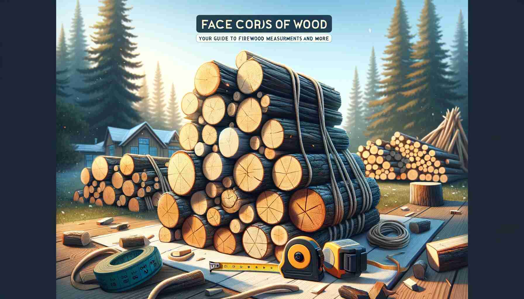 A neatly stacked pile of firewood, showing the face cord clearly, with a measuring tape next to it for scale. The background features an outdoor setting, possibly a forest or backyard. The image has bright, engaging colors, emphasizing outdoor wood storage and measurement. The text ‘Face Cords of Wood: Your Guide to Firewood Measurements and More’ is prominently displayed in a clear, readable font at the top of the image.