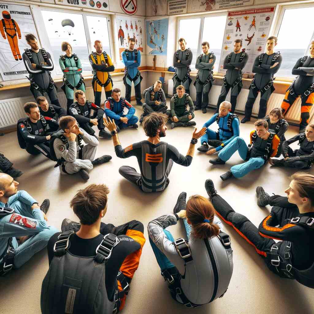 Here is the image showing a training session for first-time skydivers, highlighting the briefing and ground training process, including an instructor demonstrating body positions and emergency procedures.