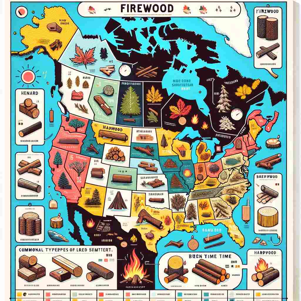 Here is an illustrated map showing the most common types of firewood in different regions. It includes icons and brief descriptions for each region, highlighting the characteristics of the firewood types, such as whether they are hardwood or softwood, their burn time, and heat output. The map is designed to be colorful and engaging, making it easy for readers to identify common firewood types in their region and understand their unique properties.