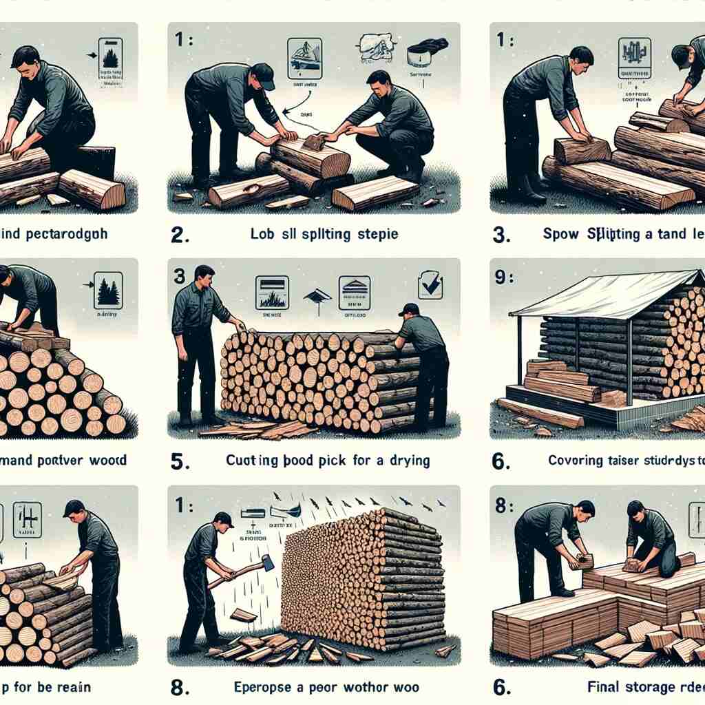 Here is an illustrated guide or flowchart showing the steps to season firewood. It details the process from cutting and splitting the wood to the final storage, with each step clearly labeled and visually distinct for easy understanding.
