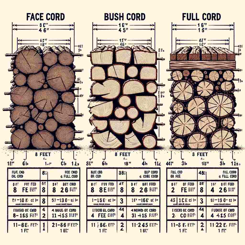 Here is a detailed diagram illustrating the three types of wood cords: face cord, bush cord, and full cord. Each type of wood cord is distinctly represented with clear labels for their dimensions. The diagram differentiates each cord type with distinct stacking patterns and size proportions, providing a visual comparison for easy understanding.
