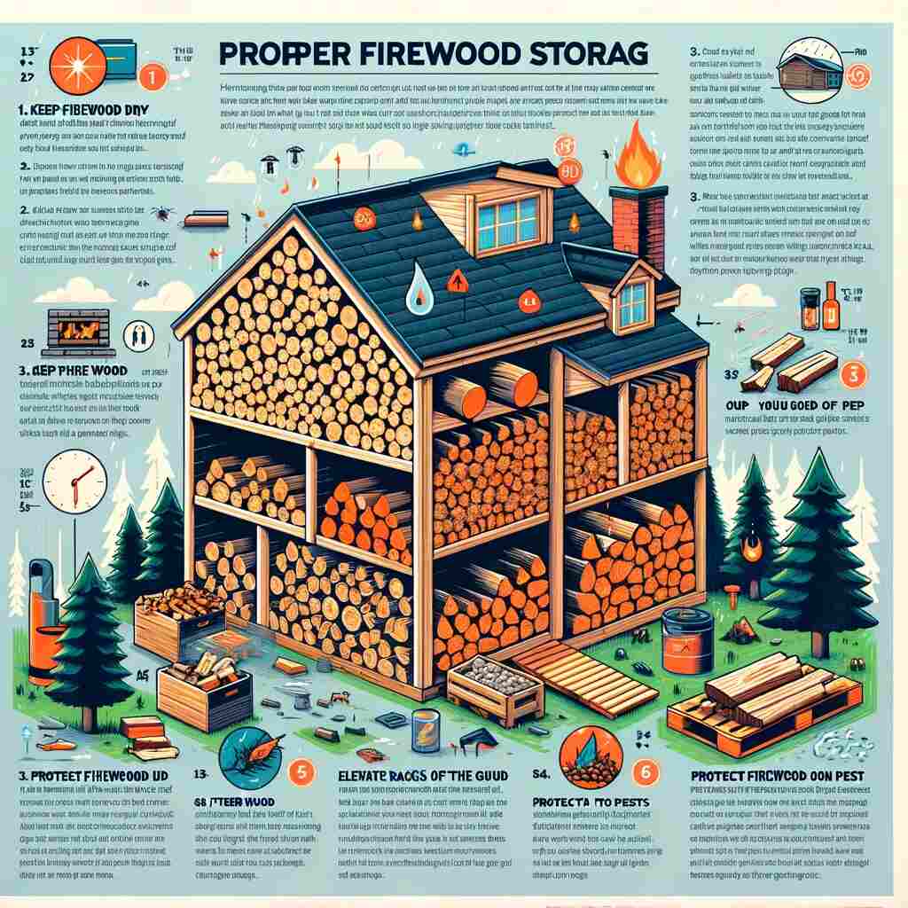 Here is an infographic that provides tips on how to properly store firewood. It includes key information on keeping the wood dry, elevating it off the ground, and protecting it from pests, with clear visual representations to aid understanding.