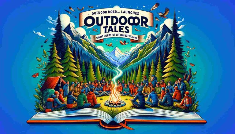 An illustrated image featuring the launch of 'OutdoorDoer.com's Outdoor Tales'. At the top, text reads 'OutdoorDoer.com Launches Outdoor Tales: Short Stories for Outdoor Enthusiasts' in a bold, adventure-themed font. Below, an open book with its pages flowing into a vibrant landscape of mountains, forests, and a clear blue sky. In the foreground, a diverse group of people of various ages and ethnicities are gathered around a campfire, engaged in storytelling, embodying the spirit of outdoor enthusiasts.