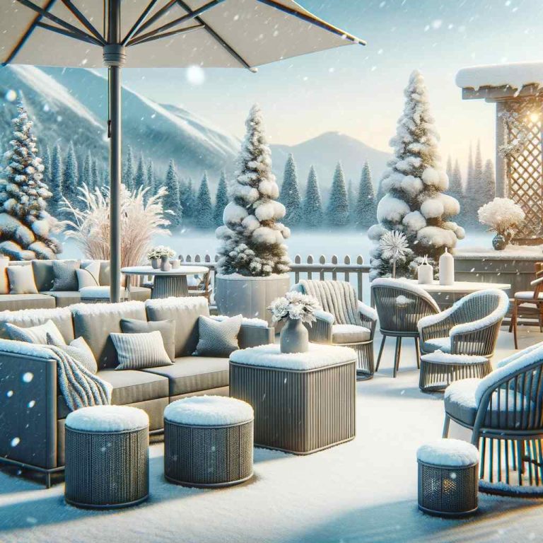 Here's a feature image depicting outdoor furniture in a winter setting. The scene captures a variety of furniture covered in snow, set against a snowy landscape, conveying the idea of durability and resistance to winter conditions.