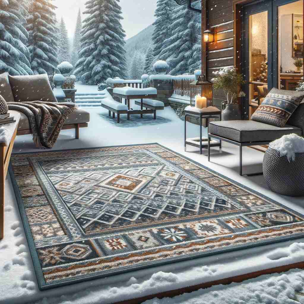 Here's a feature image capturing the concept of whether outdoor rugs can be left outside in winter, showing a cozy outdoor setting with a snow-covered patio and a durable outdoor rug.