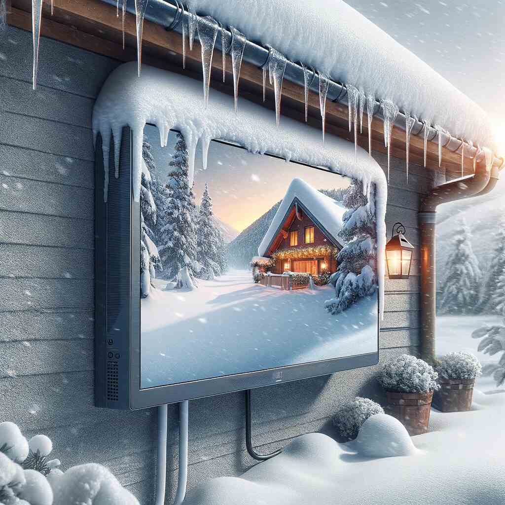Here's the feature image for "Can Outdoor TV Stay Outside in the Winter"depicting an outdoor TV enduring winter conditions.